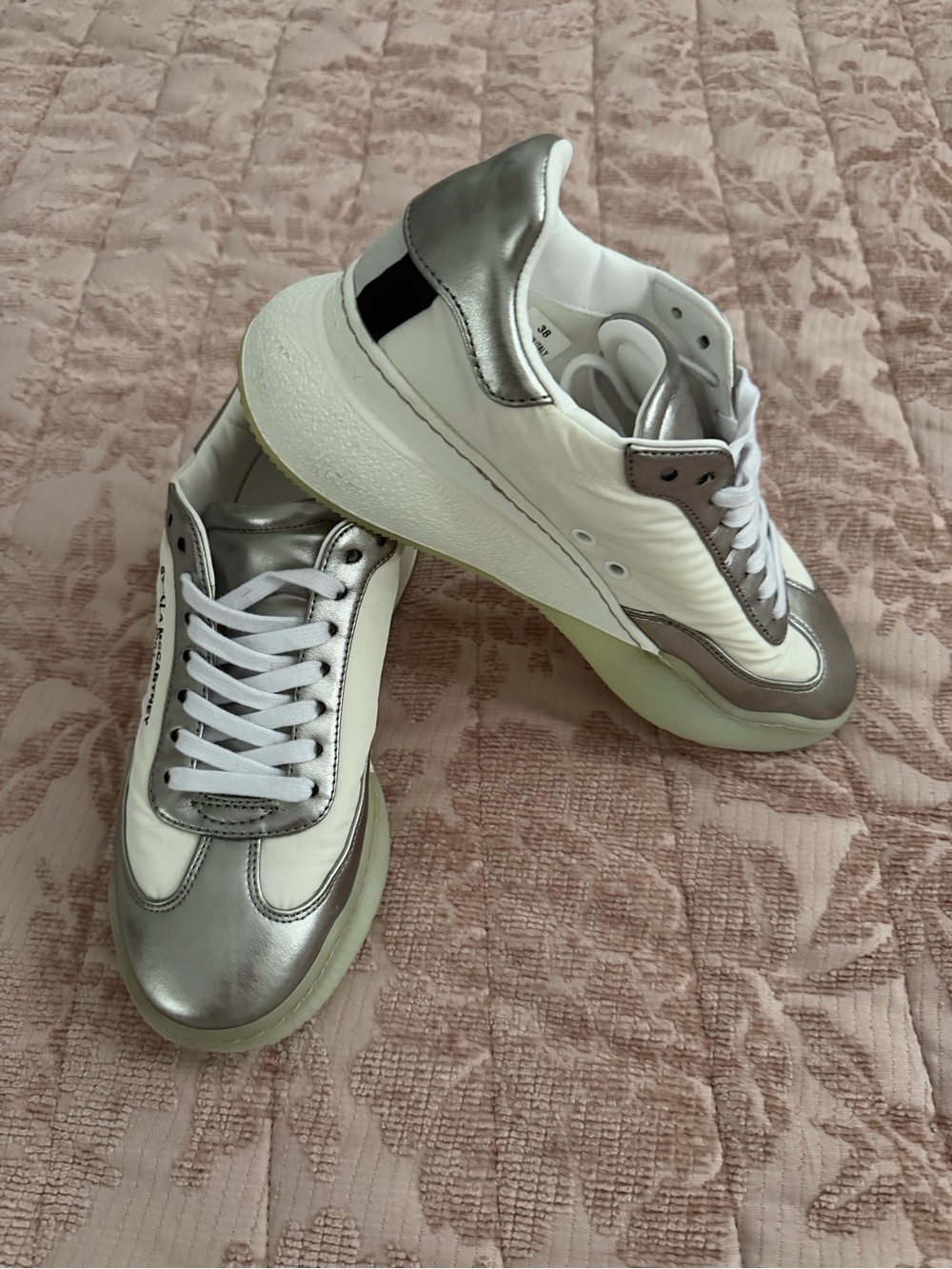 Stella McCartney White and Silver Low-Top Sneakers